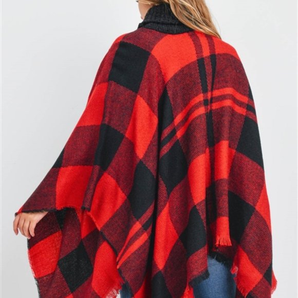 Plaid Print Black /Red Turtleneck Poncho - Picture 4 of 5